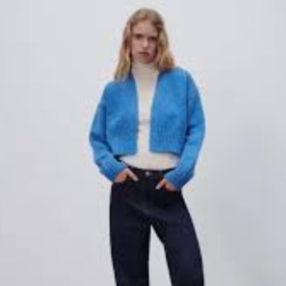 Zara - Vibrant Blue Crop Wool Blend Cardigan - M - Picture 1 of 8